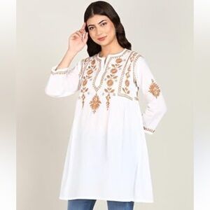 Vahson Handmade Short Chikan Cotton Kurti Embroidered Womens Sz Large White NEW